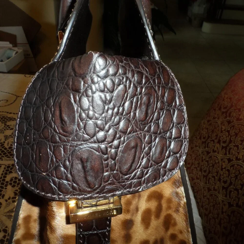 New Michaek Kors Collection Brown Leopard Calf Hair/Croc Print Leather Bag - Picture 7 of 16